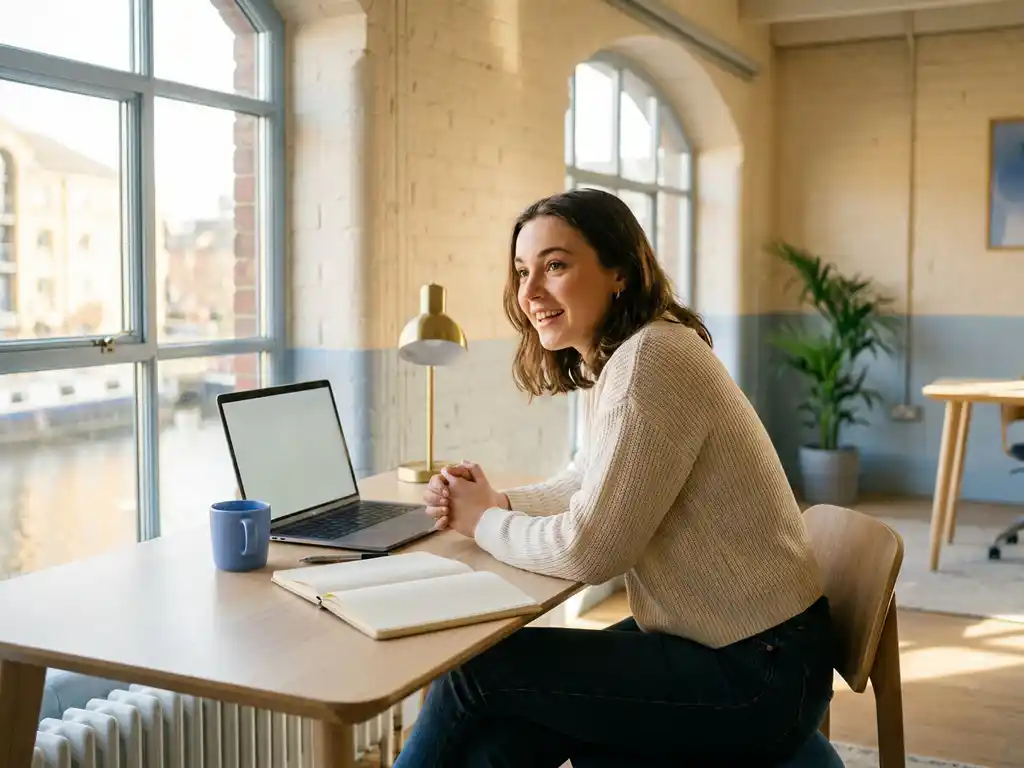 jonge professional aan een modern bureau met open notitieboek en laptop in een licht amsterdams kantoor.