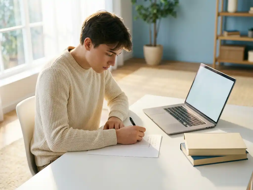jongere schrijft met de hand aantekeningen aan een wit bureau, met laptop en stapel boeken in warm ochtendlicht.