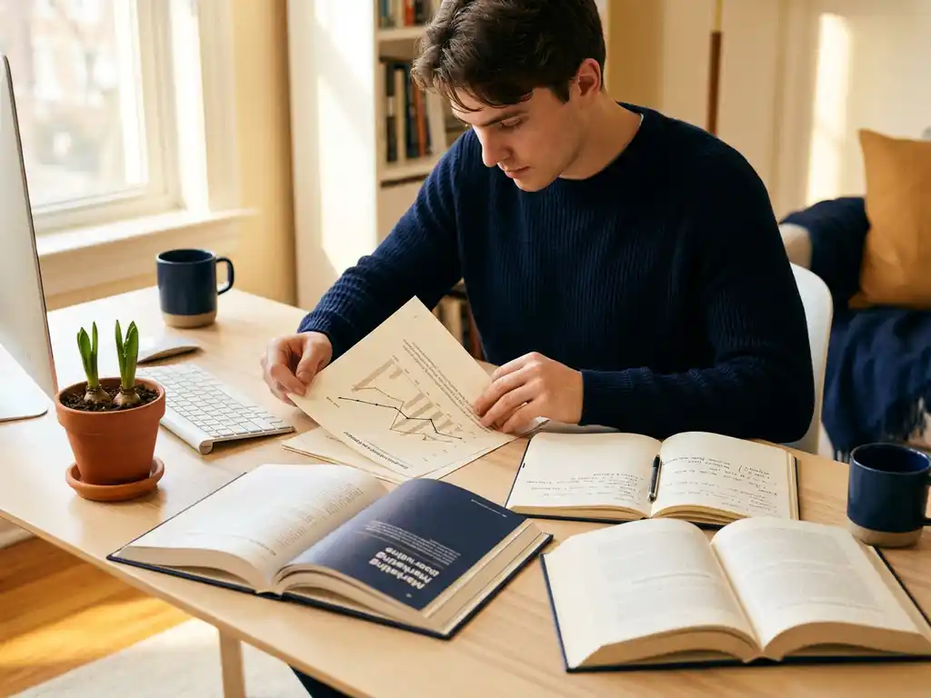 jonge professional aan modern bureau bestudeert groeigrafiek, omringd door marketingboeken en notitieboek, klein plantje naast toetsenbord.