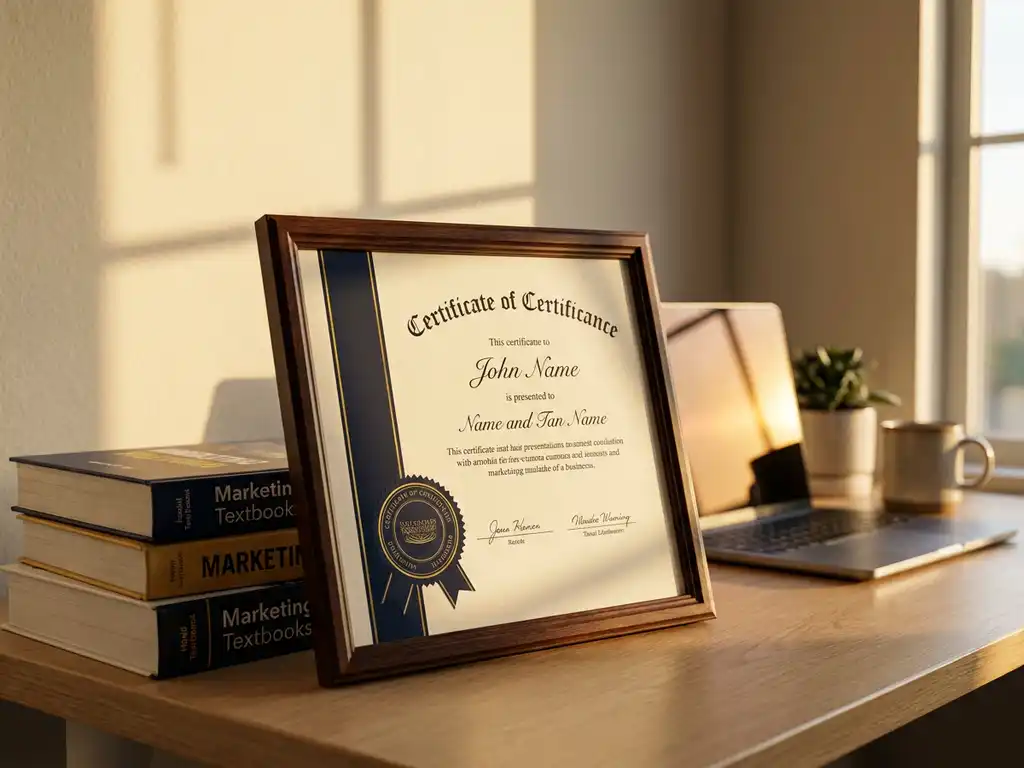ingelijst marketingcertificaat leunend tegen stapel studieboeken op modern bureau, laptop op achtergrond, warm gouden licht.