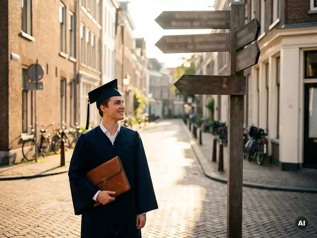 afgestudeerde met leren portfolio op een zonnig amsterdams keienstraatje bij een kruispunt, warm gouden avondlicht.