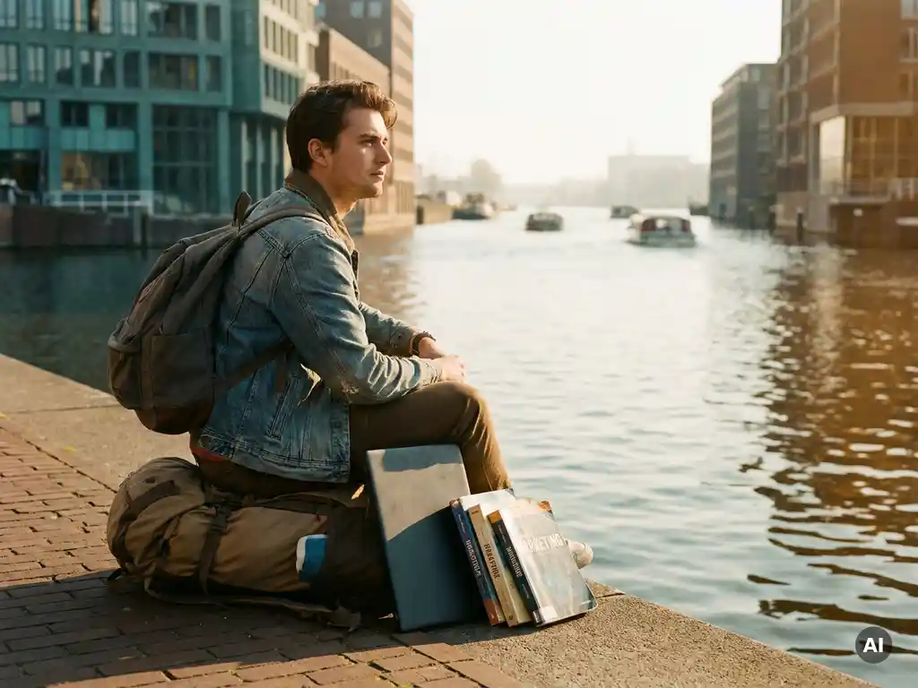 afgestudeerde op een volle reisrugzak aan een amsterdamse gracht, met laptop en marketingboeken, starend naar de horizon in gouden middaglicht.
