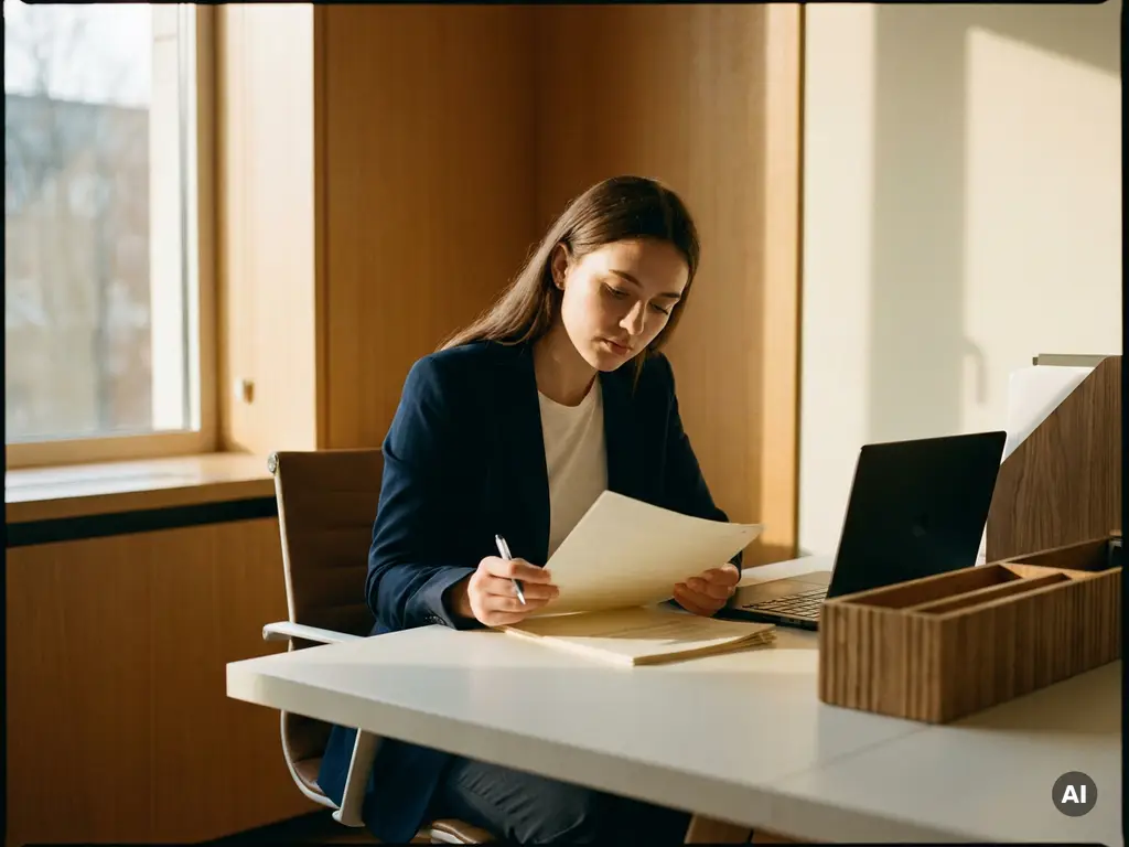 jonge professional aan modern bureau die een beoordelingsformulier doorneemt met pen, laptop open, warm natuurlijk licht.