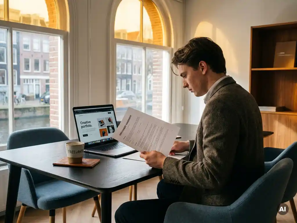 jonge professional aan modern bureau vergelijkt arbeidscontract met freelance laptop en koffie, amsterdams kantoorinterieur met warm licht.