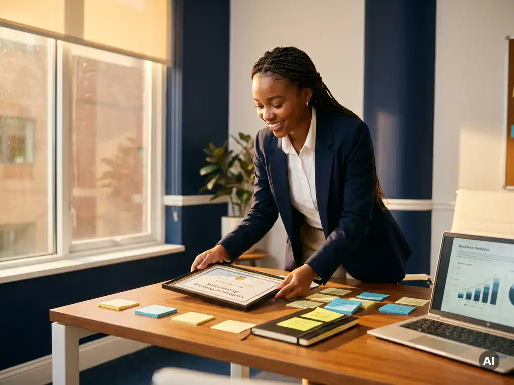 jonge professional legt marketingcertificaat op modern bureau naast laptop, omringd door notities, in warm gouden avondlicht.