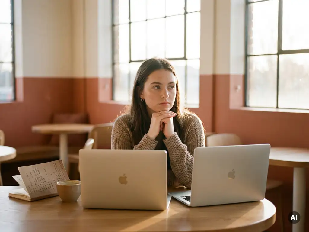 jonge professional in café met twee laptops naast elkaar, nadenkend met handen onder kin, notitieboek met aantekeningen, warm middaglicht.
