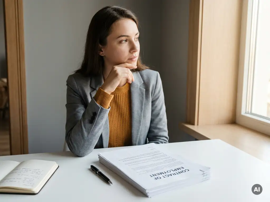 jonge professional in smart-casual kleding die peinzend naar een ongetekend arbeidscontract op een wit bureau kijkt, pen en notitieboekje ernaast.