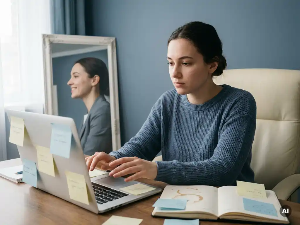jonge professional aarzelt voor laptop aan modern bureau, omringd door sticky notes en notitieboeken, spiegel toont zelfverzekerde houding.